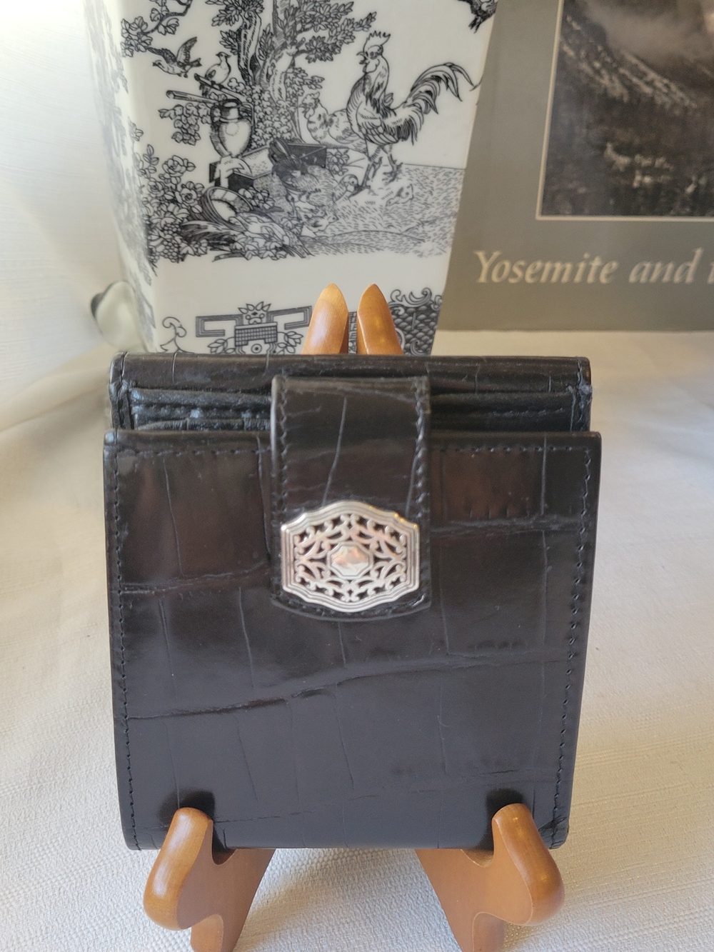 Brighton Black Croc-Embossed Leather Wallet with Silver Hardware